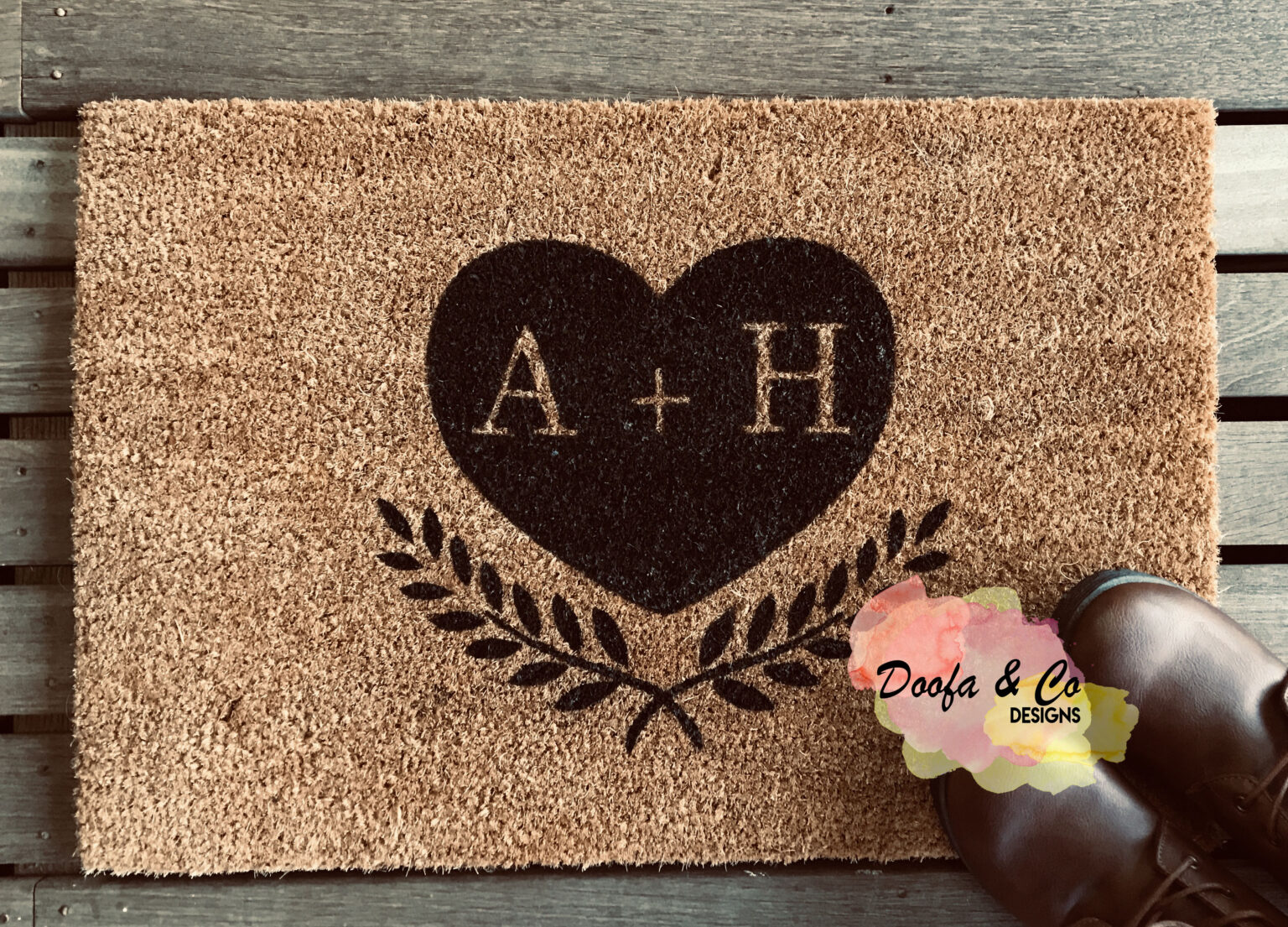 Doormat Loveheart with initials Doofa and Co Designs