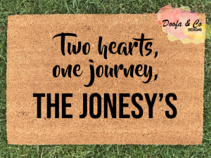 Doormat - two hearts, one journey, the custom surname